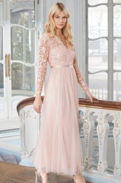 Needle & Thread Holding LTD Amalie Bodice Long Sleeve V-Neck Ankle Gown