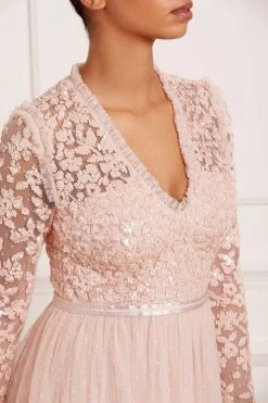 Needle & Thread Holding LTD Amalie Bodice Long Sleeve V-Neck Midi Dress All - Womenswear