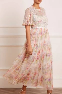 Needle & Thread Holding LTD Iris Sequin Bodice Short Sleeve Round Neck Ankle Gown All - Womenswear