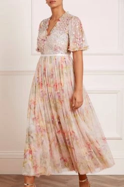 Needle & Thread Holding LTD All - Womenswear Iris Sequin Bodice Short Sleeve V-Neck Ankle Gown