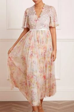 Needle & Thread Holding LTD All - Womenswear Iris Sequin Bodice Short Sleeve V-Neck Ankle Gown