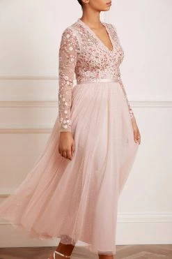 Needle & Thread Holding LTD Rosie Lace Bodice Long Sleeve V-Neck Ankle Gown