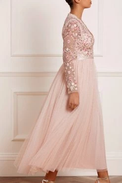 Needle & Thread Holding LTD Rosie Lace Bodice Long Sleeve V-Neck Ankle Gown