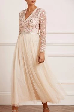 Needle & Thread Holding LTD Rosie Lace Bodice Long Sleeve V-Neck Ankle Gown All - Womenswear