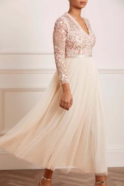 Needle & Thread Holding LTD Rosie Lace Bodice Long Sleeve V-Neck Ankle Gown All - Womenswear